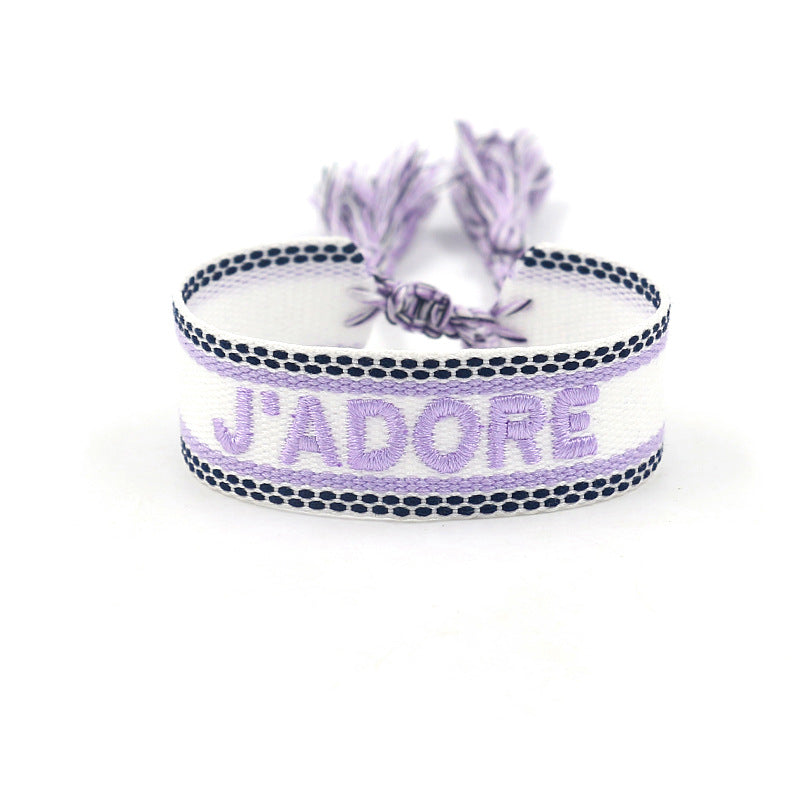 Bracelet tissé brodé Violet "J'ADORE"