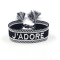 Bracelet tissé brodé Noir "J'ADORE"