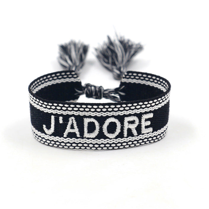 Bracelet tissé brodé Noir "J'ADORE"