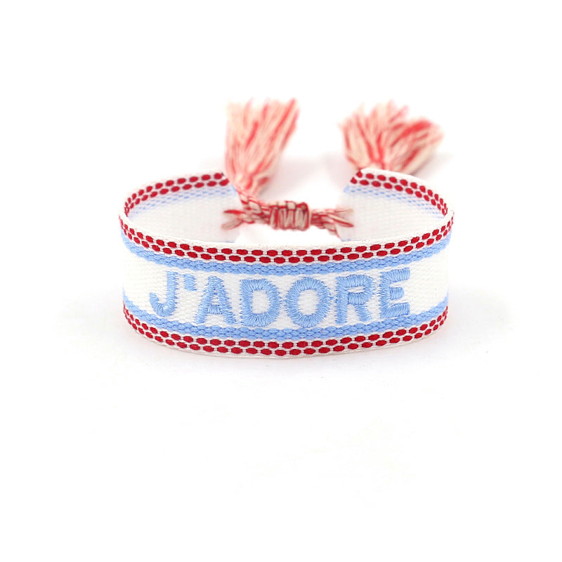 Bracelet tissé brodé Rouge et Bleu "J'ADORE"