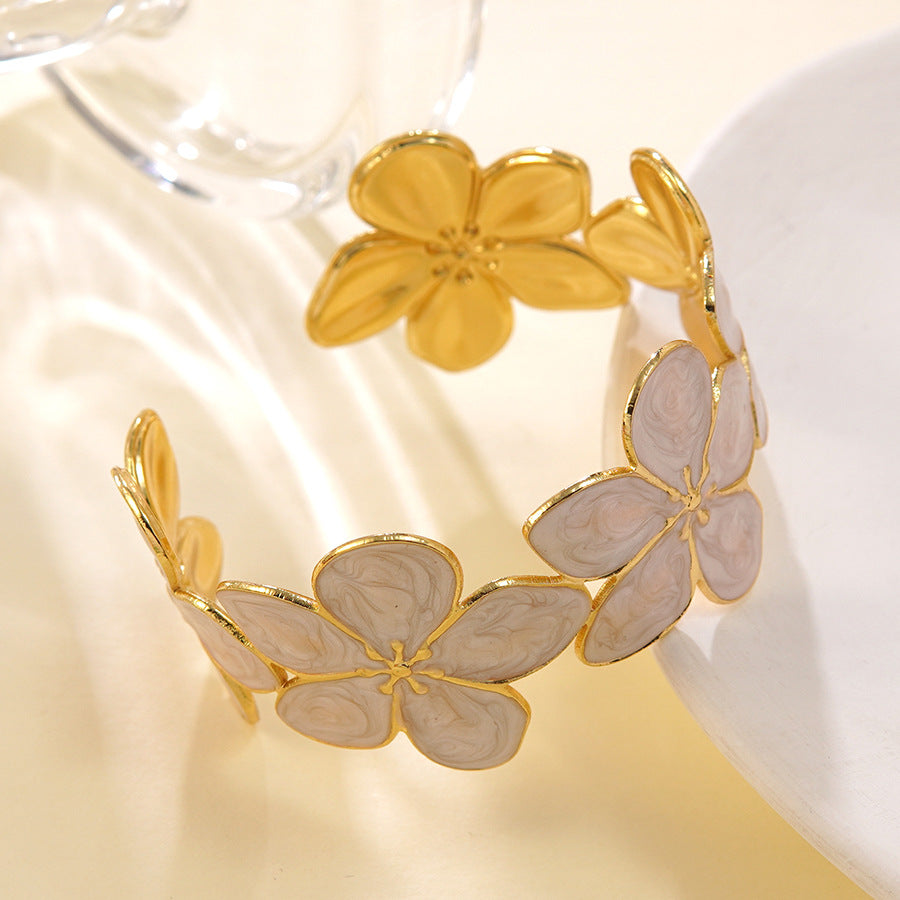 Bracelet Manchette Doré Fleur Blanc