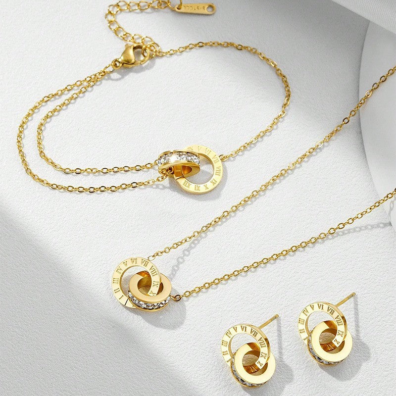 Parure Doré (Bracelet, Collier, Boucles d'oreilles) à motif Chiffres Romains