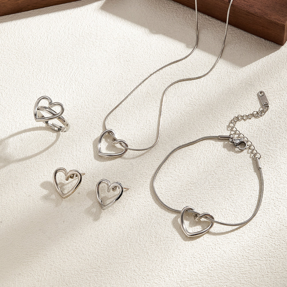 Parure Argent (Collier, Bracelet, Bague, Boucles d'oreilles) à motif Coeur