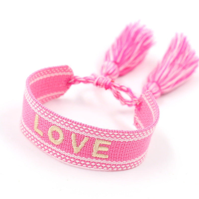 Bracelet tissé brodé Rose Fluo "LOVE"