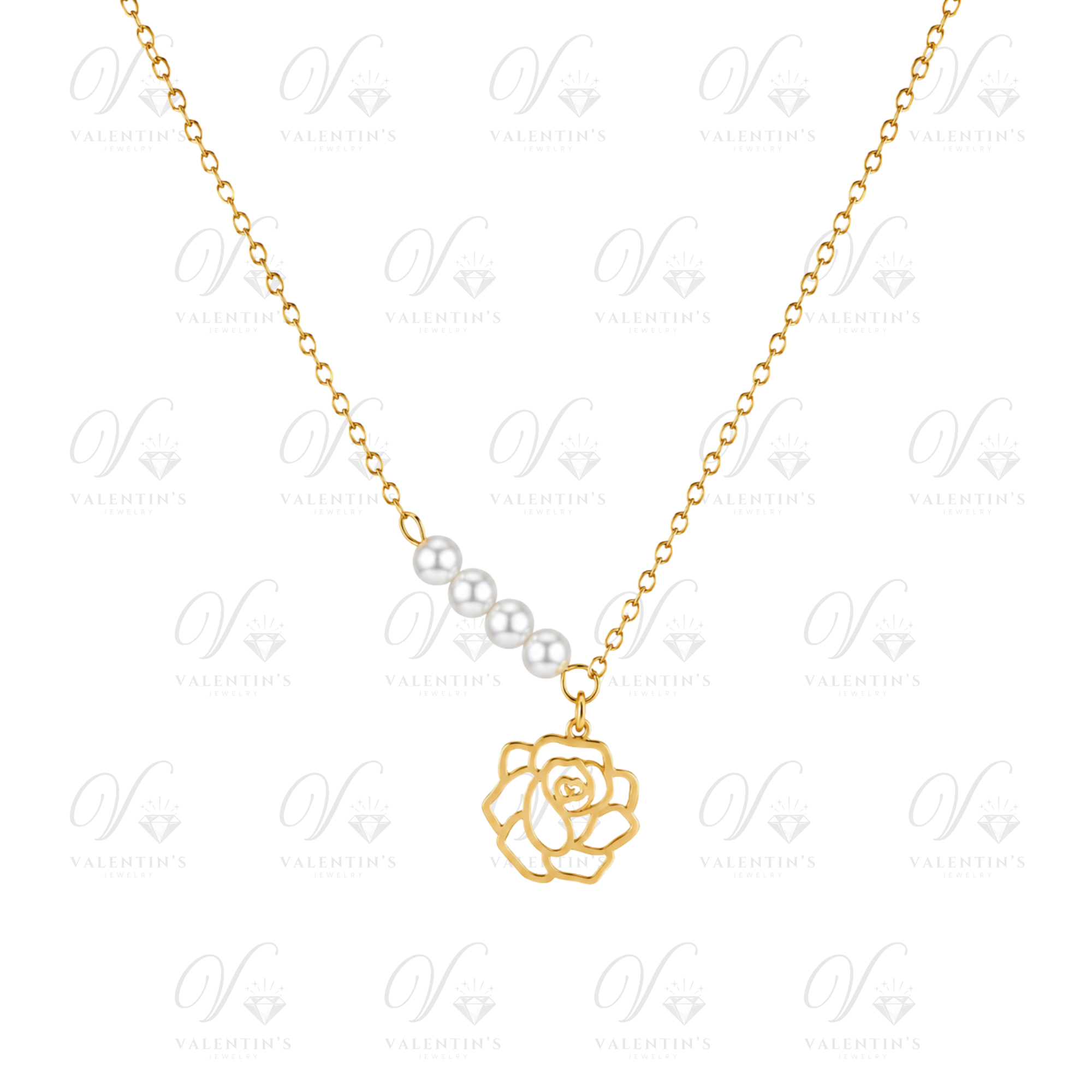 Collier Doré Perles + motif Rose