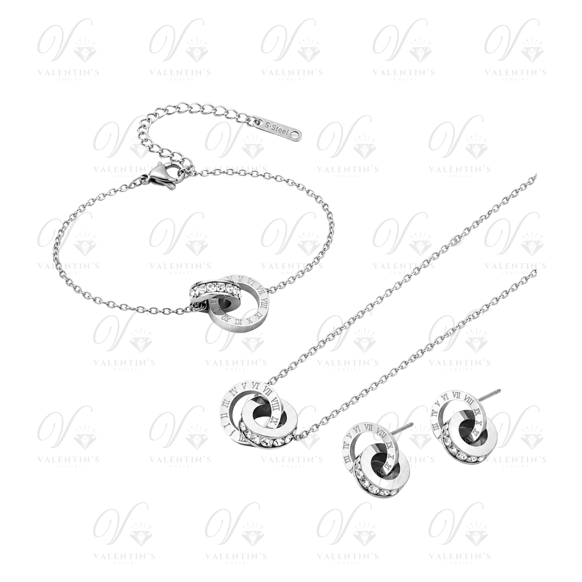 Parure Argentée (Bracelet, Collier, Boucles d'oreilles) à motif Chiffres Romains