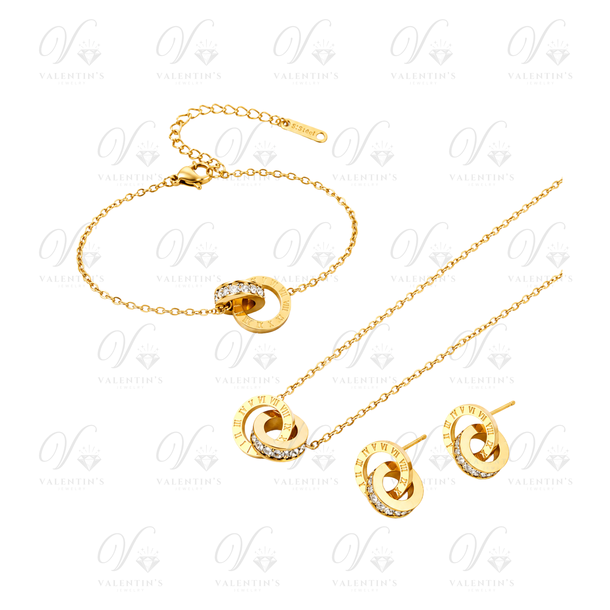 Parure Doré (Bracelet, Collier, Boucles d'oreilles) à motif Chiffres Romains