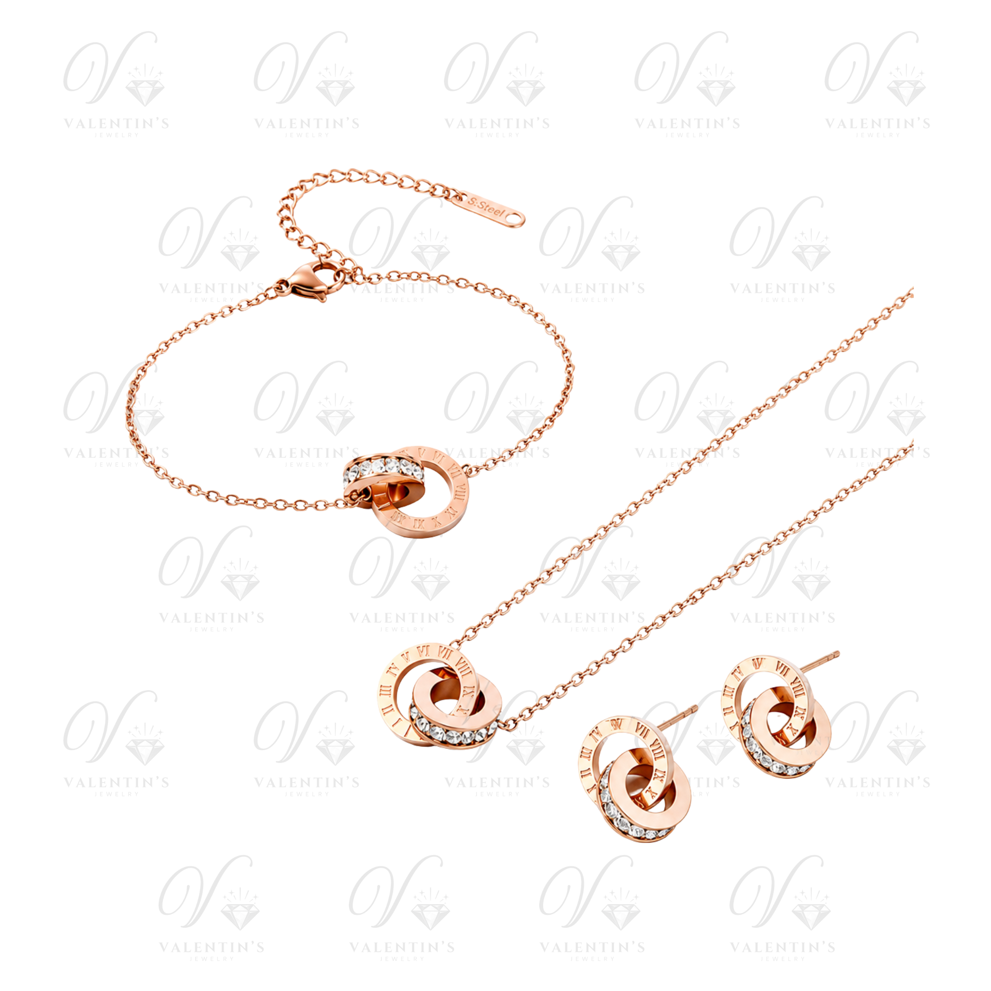 Parure Rosé (Bracelet, Collier, Boucles d'oreilles) à motif Chiffres Romains
