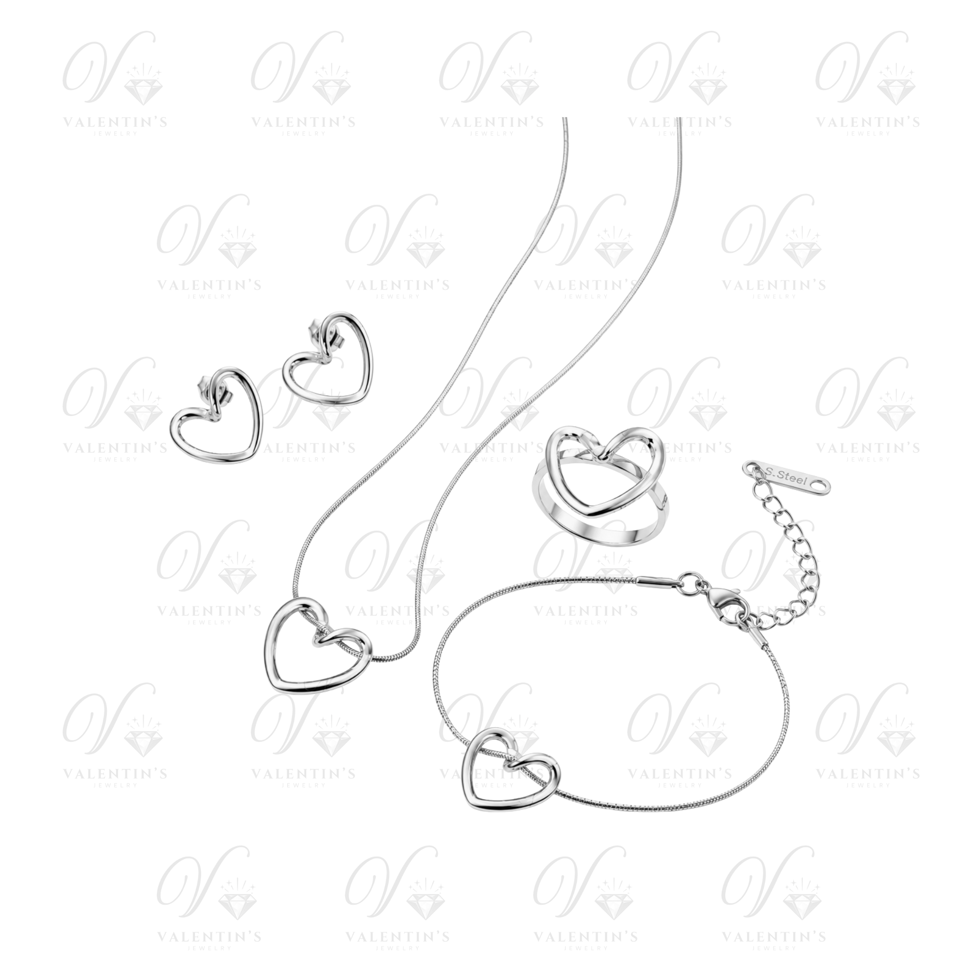 Parure Argentée (Collier, Bracelet, Bague, Boucles d'oreilles) à motif Coeur