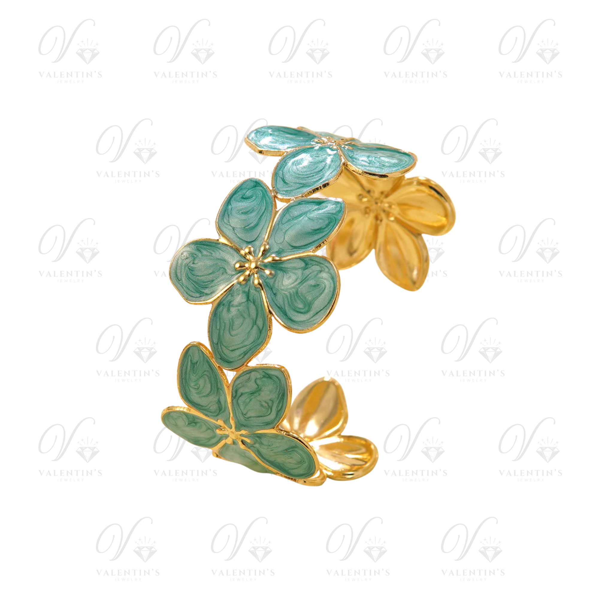 Bracelet Manchette Doré Fleur Bleu-Vert