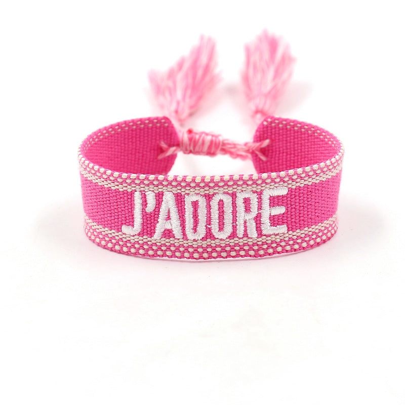 Bracelet tissé brodé Rose Fluo "J'ADORE"