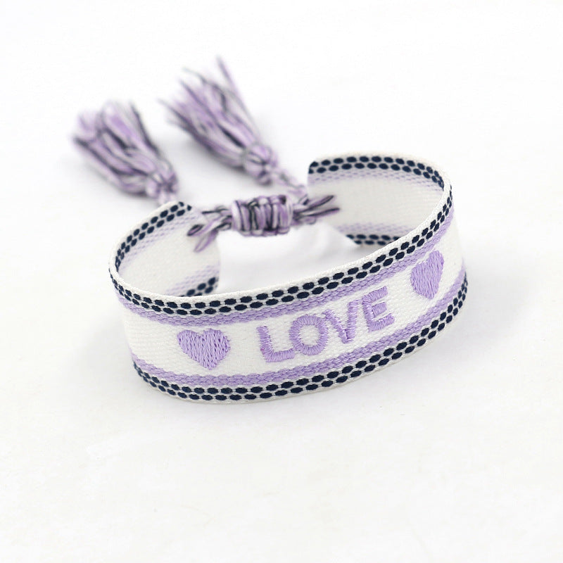 Bracelet tissé brodé Violet "LOVE"