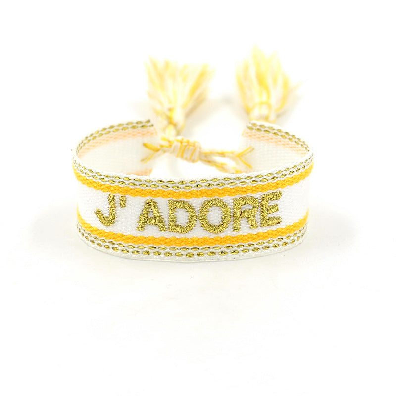 Bracelet tissé brodé Jaune "J'ADORE"