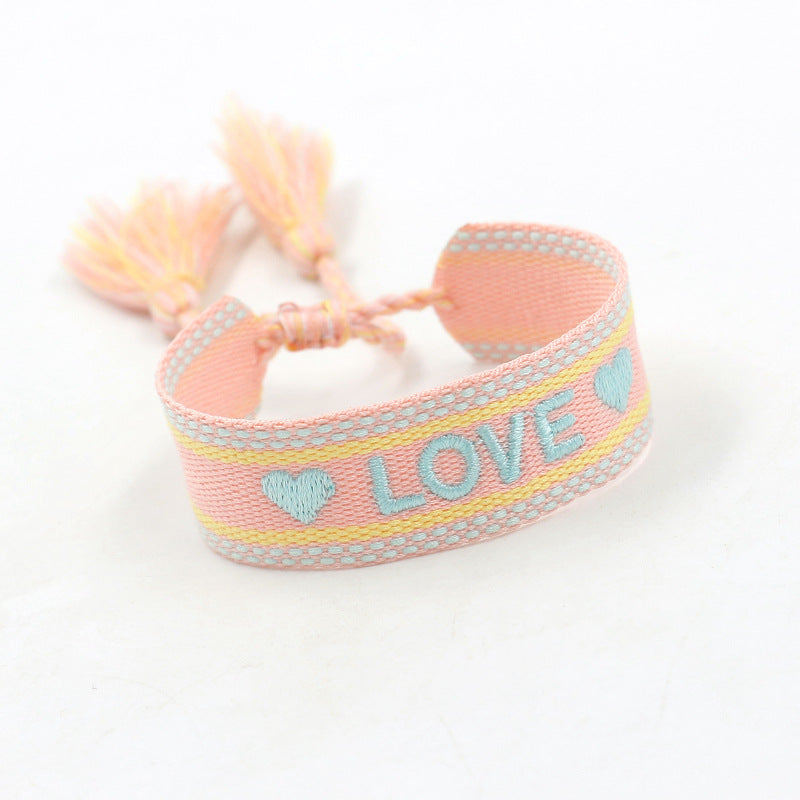 Bracelet tissé brodé Rose "LOVE"